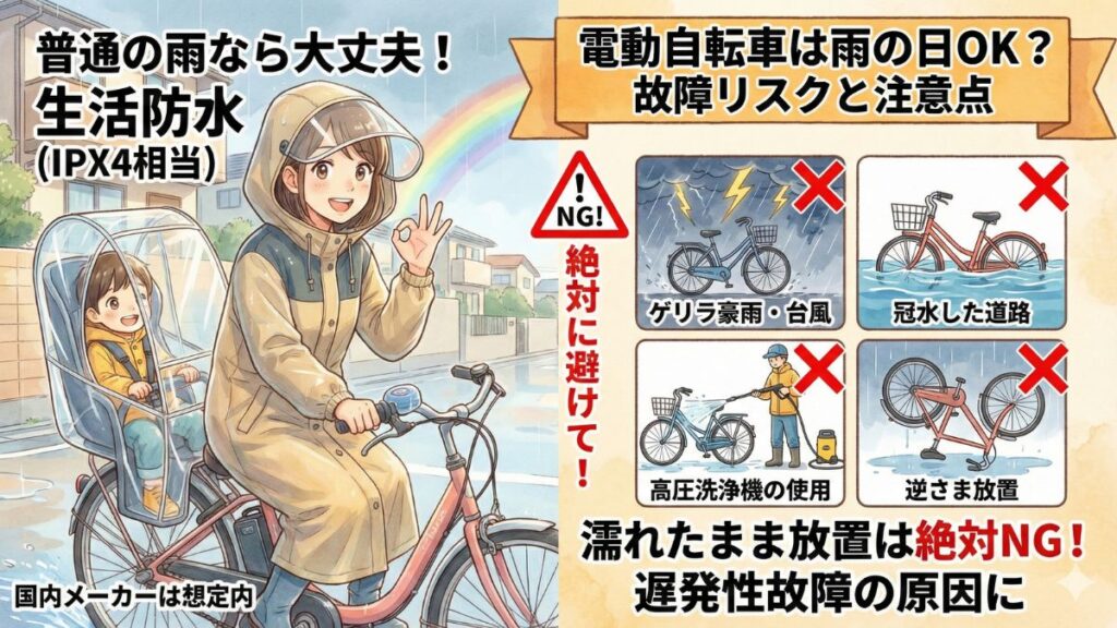 電動自転車は雨の日に乗れる？故障リスクと注意点