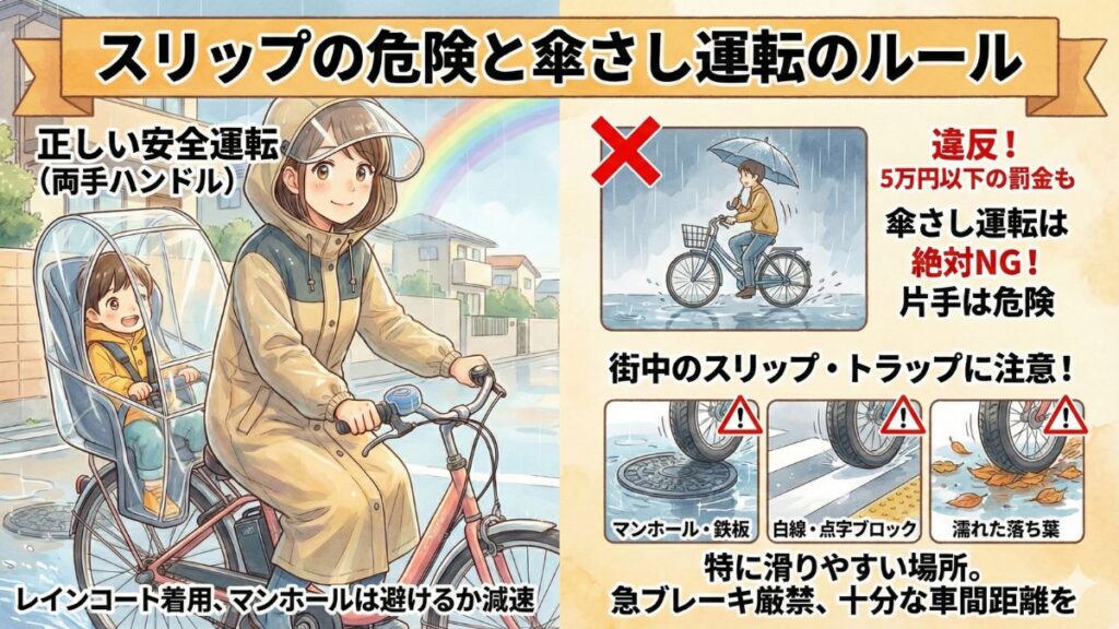 スリップして滑る危険性と傘さし運転の法的ルール