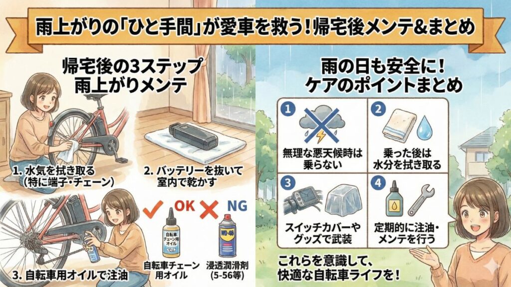 帰宅後は注油などのメンテナンスで錆びを防ぐ