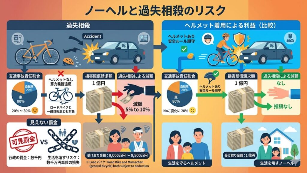 自転車のノーヘルと罰金以上のリスクとなる過失相殺