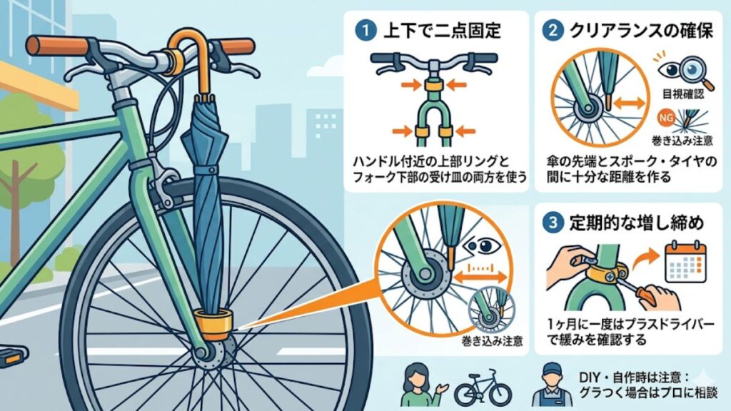 前輪への巻き込み事故を防ぐホルダーの取り付け方