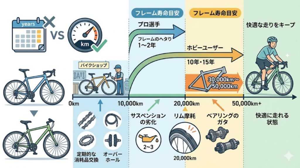 ロードバイクやクロスバイクの寿命は走行距離で判断