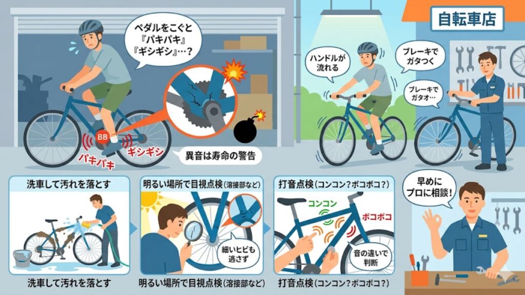 異音やフレームのクラックは重大な故障の警告