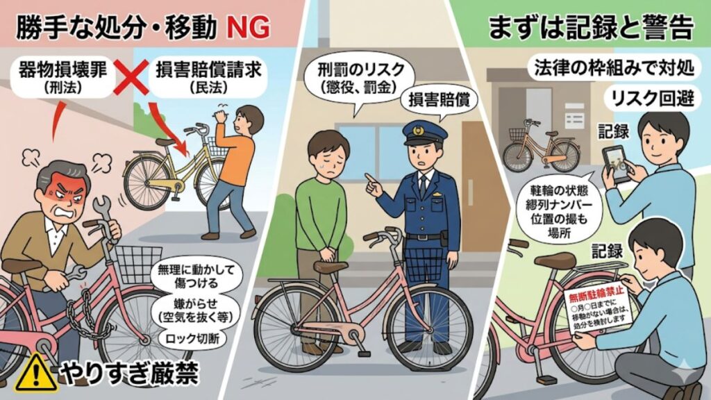 自転車の無断駐輪に張り紙で警告する際の法的注意点