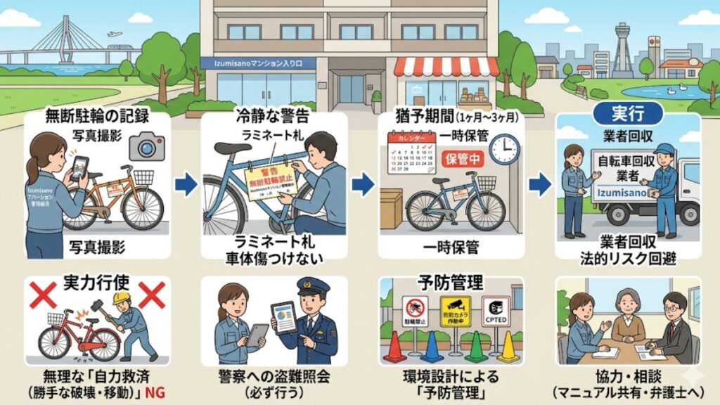 正しい手順で進める自転車の無断駐輪と張り紙の対応
