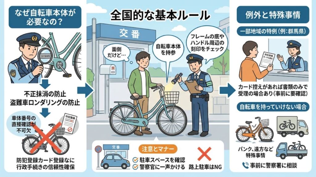 警察官による車体番号確認と自転車本体の持参