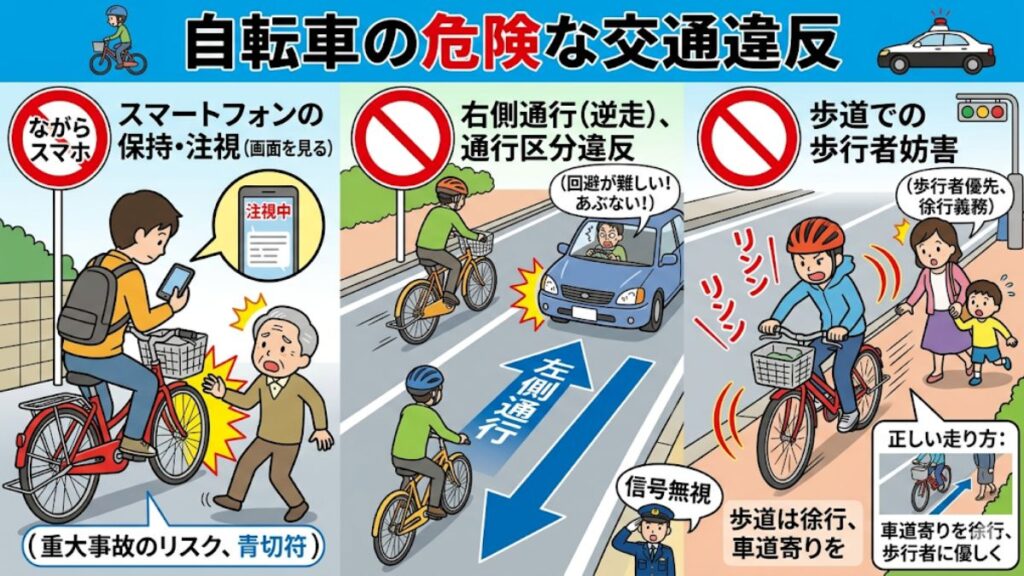 ながらスマホや右側通行など危険な違反行為