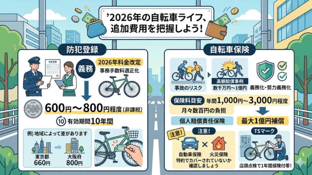 防犯登録や自転車保険にかかる追加費用