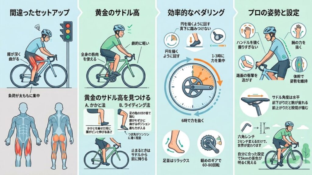 疲労を抑えるサドルの高さ調整と効率的な漕ぎ方
