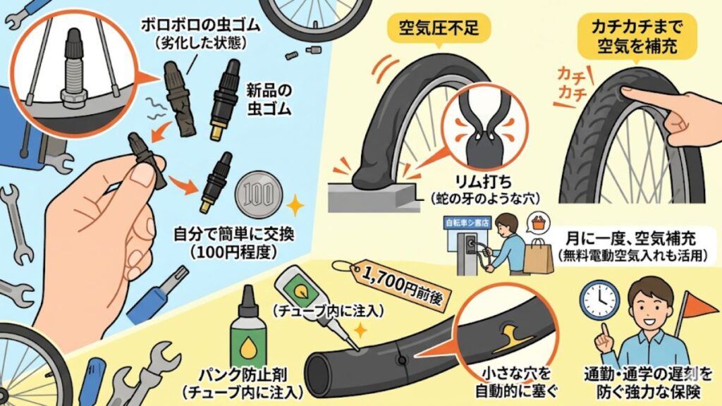 虫ゴムの点検や空気圧管理などパンクを防ぐコツ
