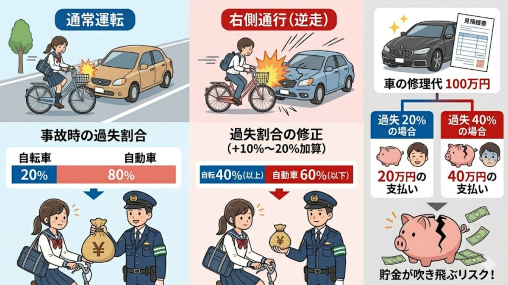 自転車の右側通行による罰金と事故時の過失割合や保険