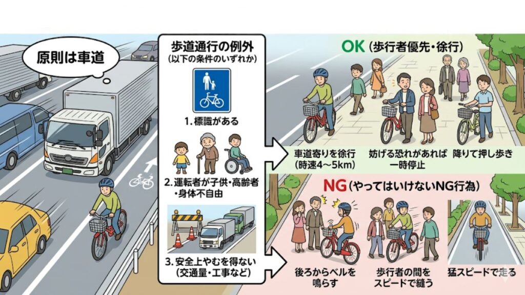歩道を通行できる例外的な条件と歩行者優先の義務