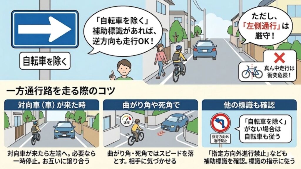 一方通行路で自転車を除く標識がある場合の走り方