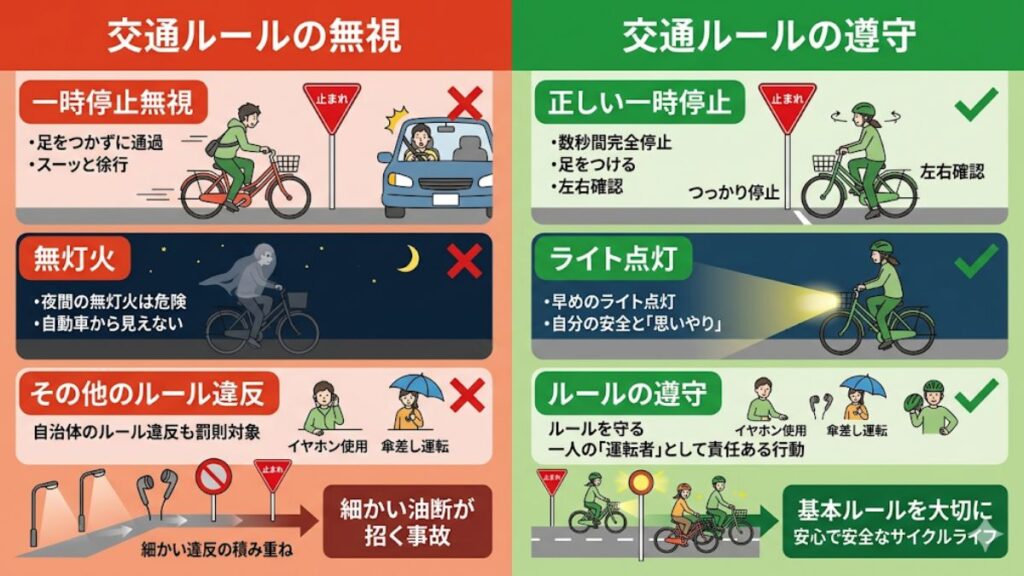 一時停止無視や無灯火など取り締まり対象の違反行為